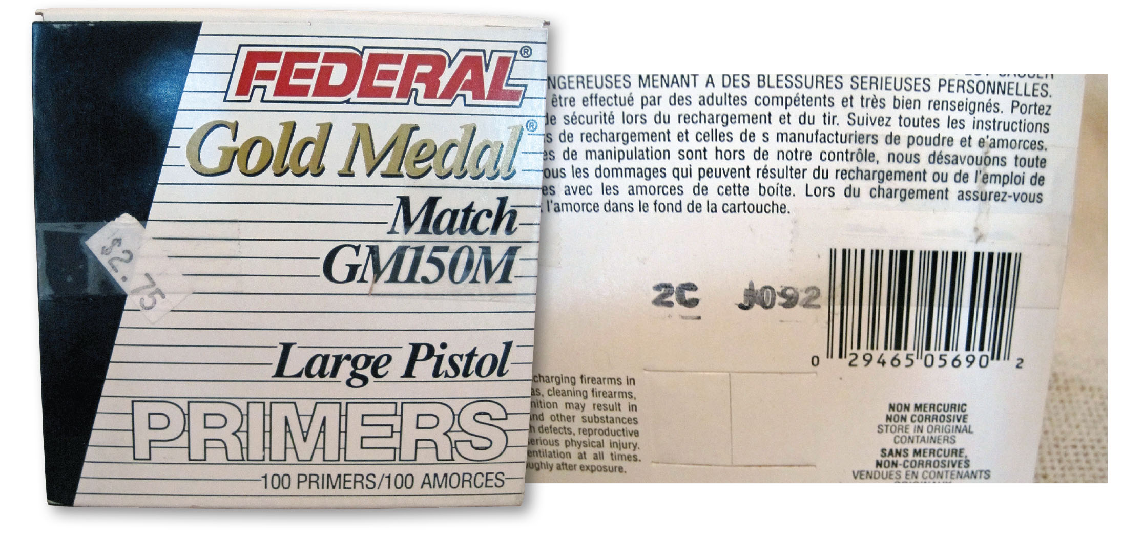 Lot designation numbers on Federal Large Pistol primers.